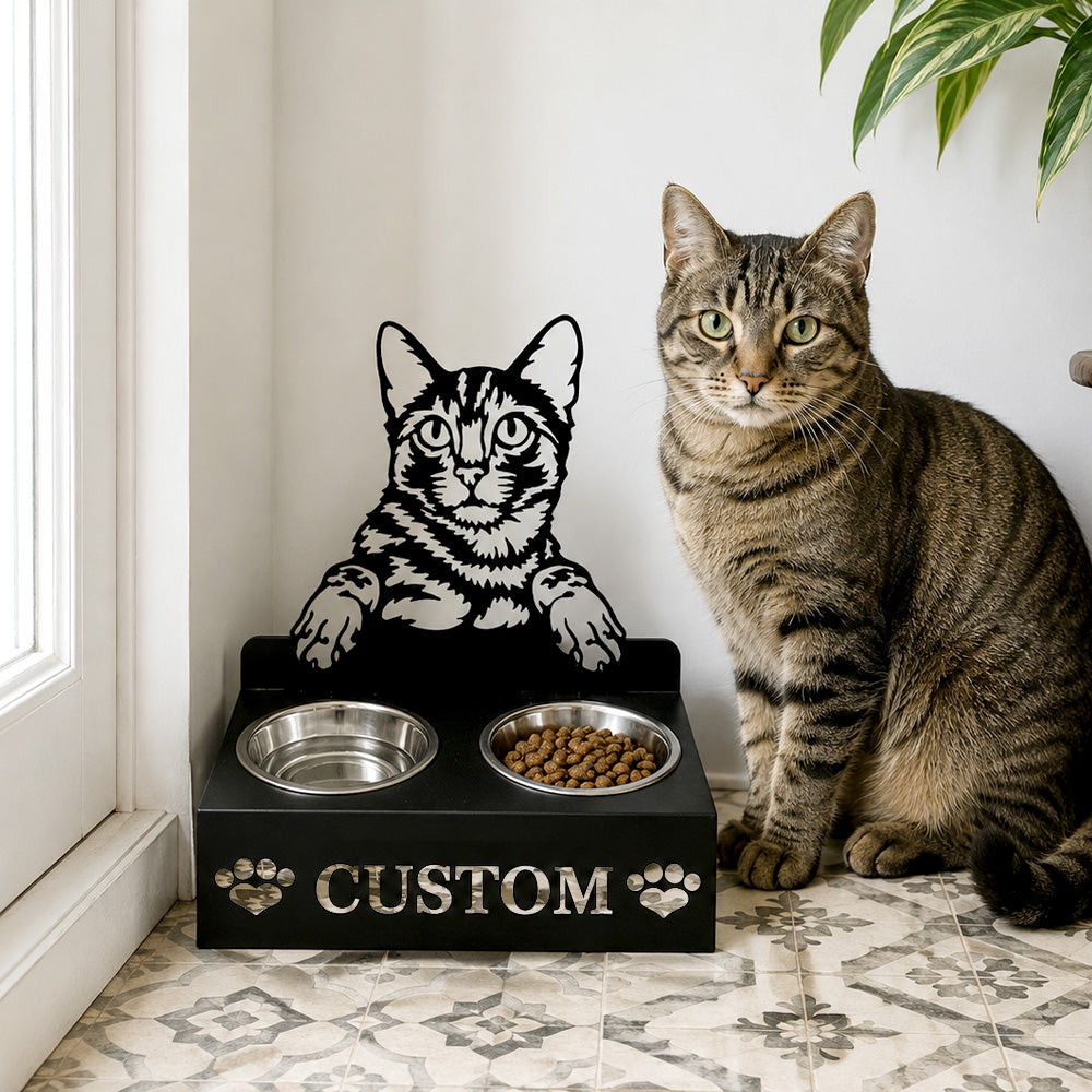 Personalized bengal cat metal cat bowl stand with custom name cutout and two removable feeding bowls