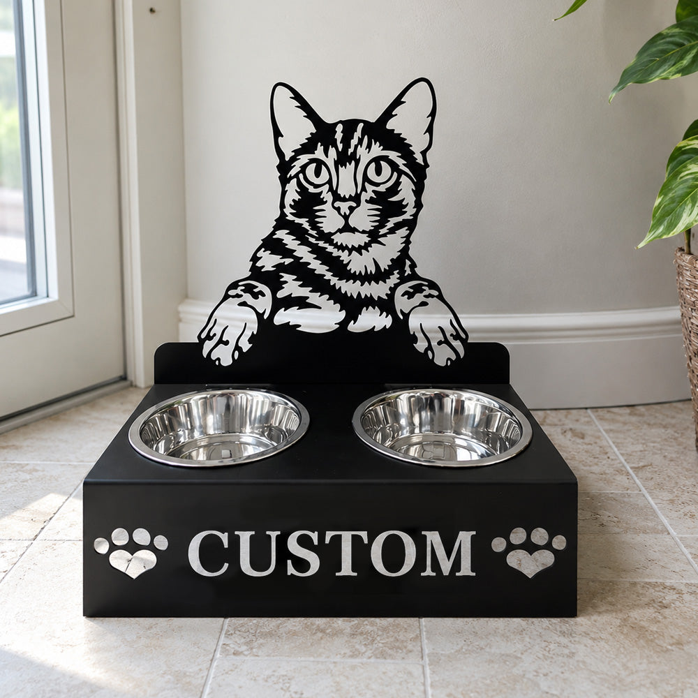 Personalized bengal cat metal cat bowl stand with custom name cutout and two removable feeding bowls