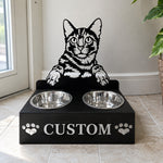 Personalized bengal cat metal cat bowl stand with custom name cutout and two removable feeding bowls