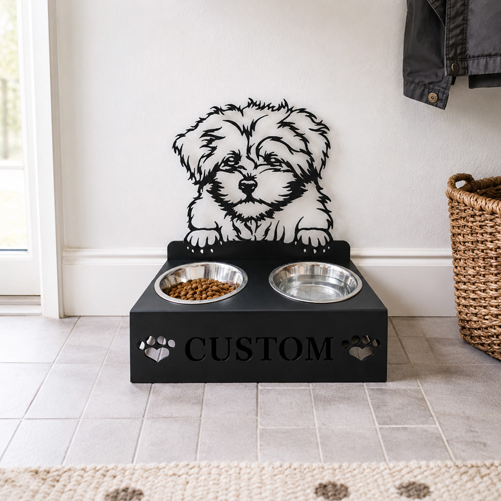 Personalized bernedoodle metal dog bowl stand with custom name cutout and two removable feeding bowls