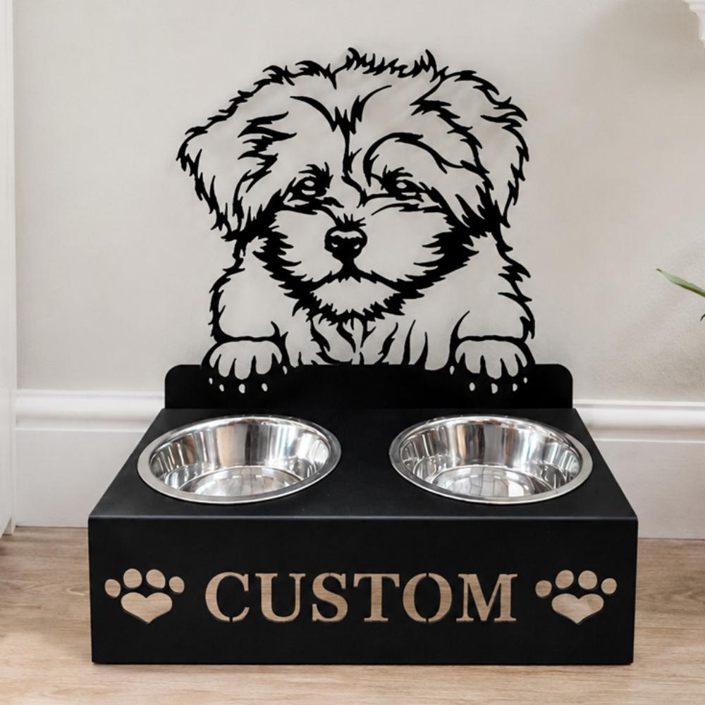 Personalized bernedoodle metal dog bowl stand with custom name cutout and two removable feeding bowls