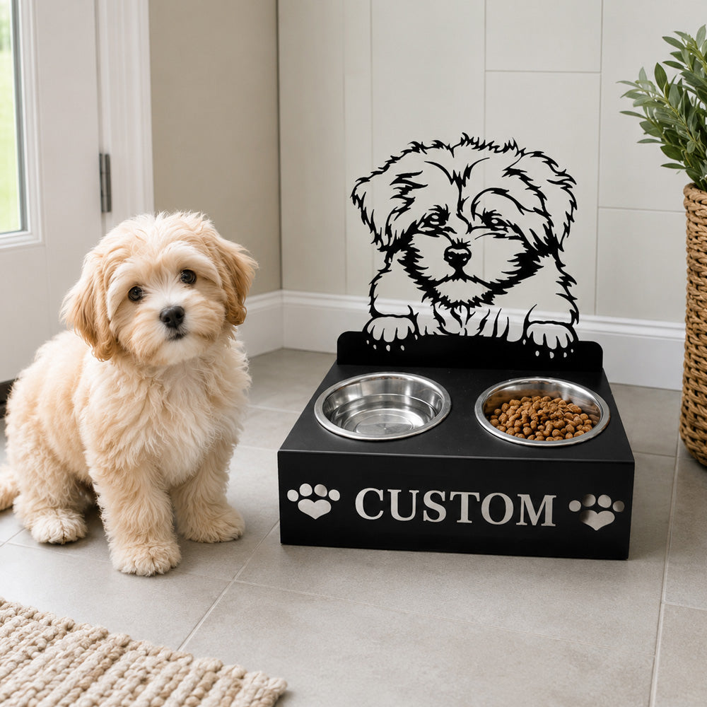 Personalized bernedoodle metal dog bowl stand with custom name cutout and two removable feeding bowls