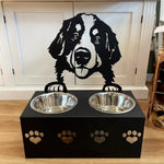 Personalized bernese mountain dog metal dog bowl stand with custom name cutout and two removable feeding bowls