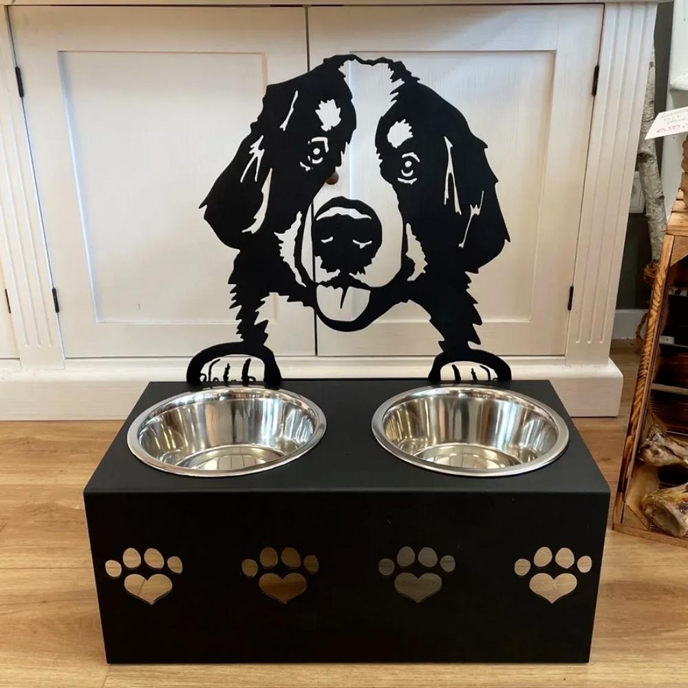 Personalized bernese mountain dog metal dog bowl stand with custom name cutout and two removable feeding bowls