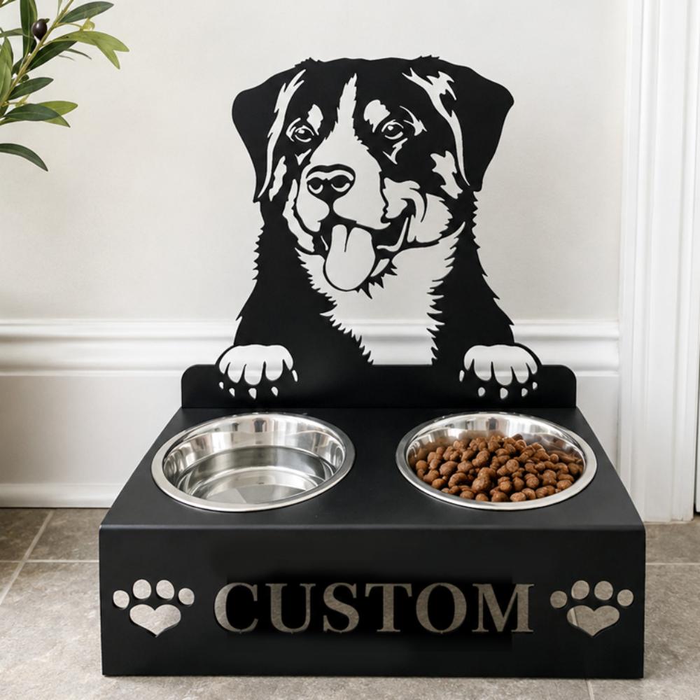 Personalized bernese mountain dog metal dog bowl stand with custom name cutout and two removable feeding bowls