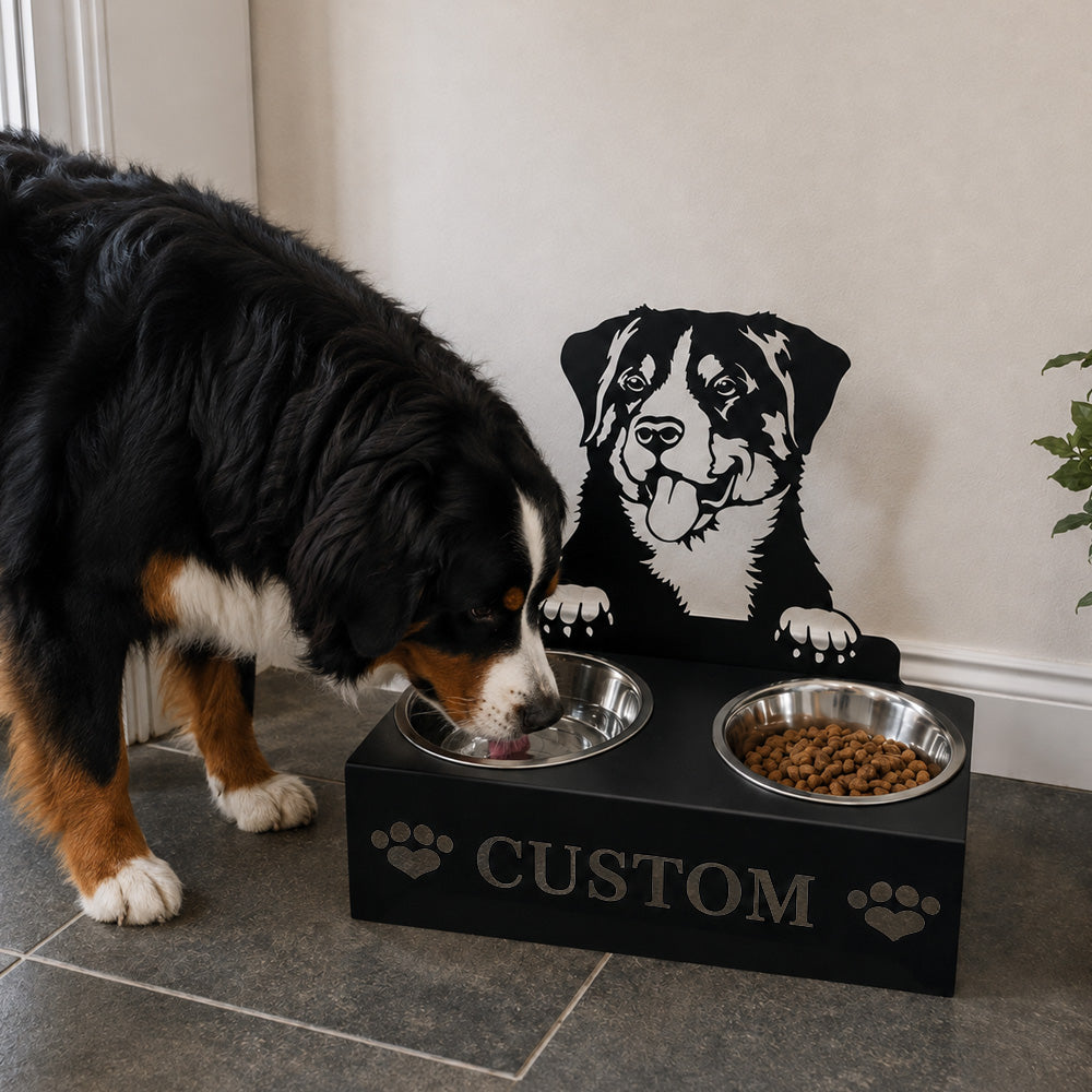 Personalized bernese mountain dog metal dog bowl stand with custom name cutout and two removable feeding bowls