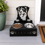 Personalized bernese mountain dog metal dog bowl stand with custom name cutout and two removable feeding bowls