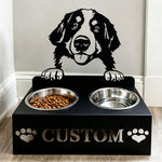 Personalized bernese mountain dog metal dog bowl stand with custom name cutout and two removable feeding bowls