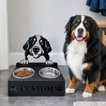 Personalized bernese mountain dog metal dog bowl stand with custom name cutout and two removable feeding bowls