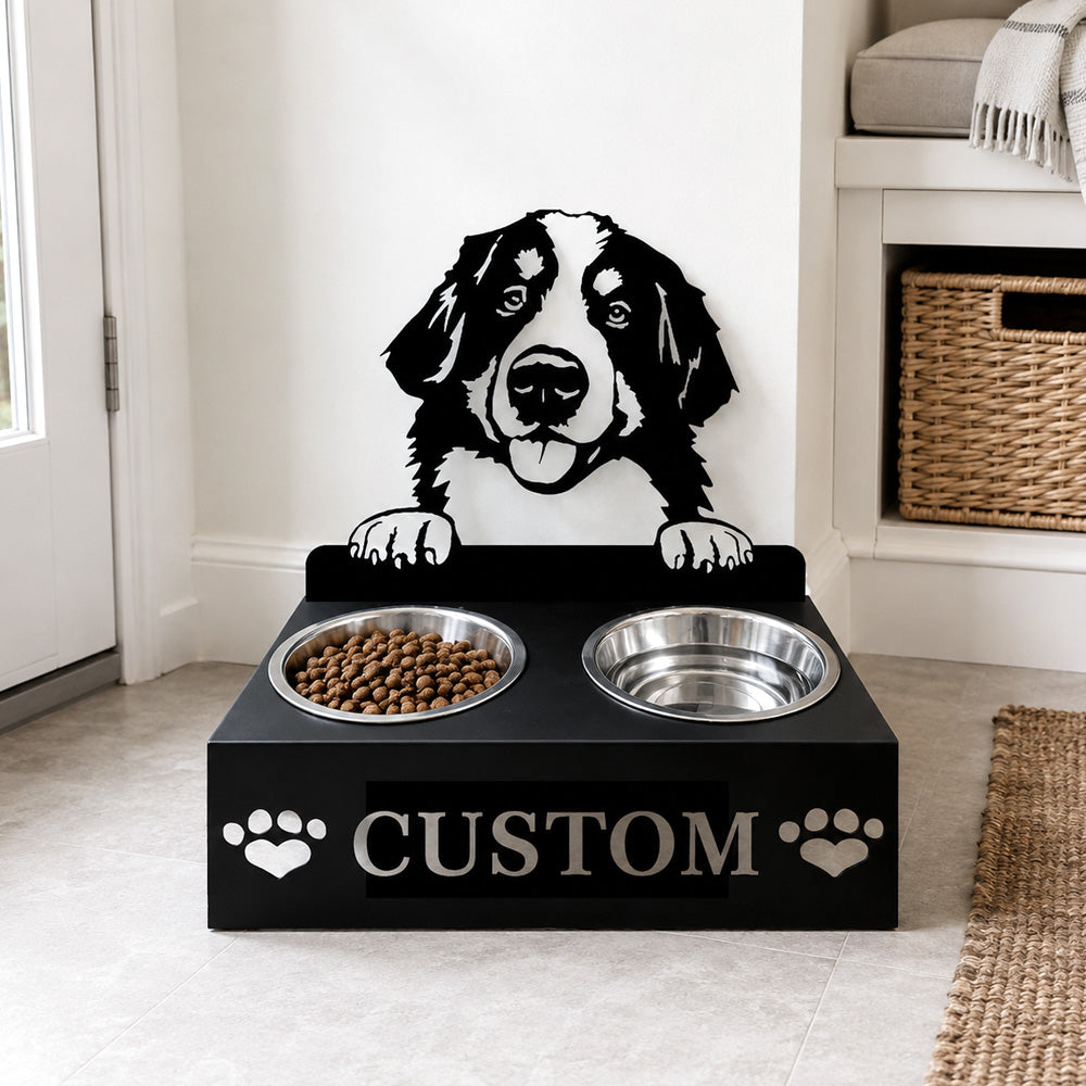 Personalized bernese mountain dog metal dog bowl stand with custom name cutout and two removable feeding bowls