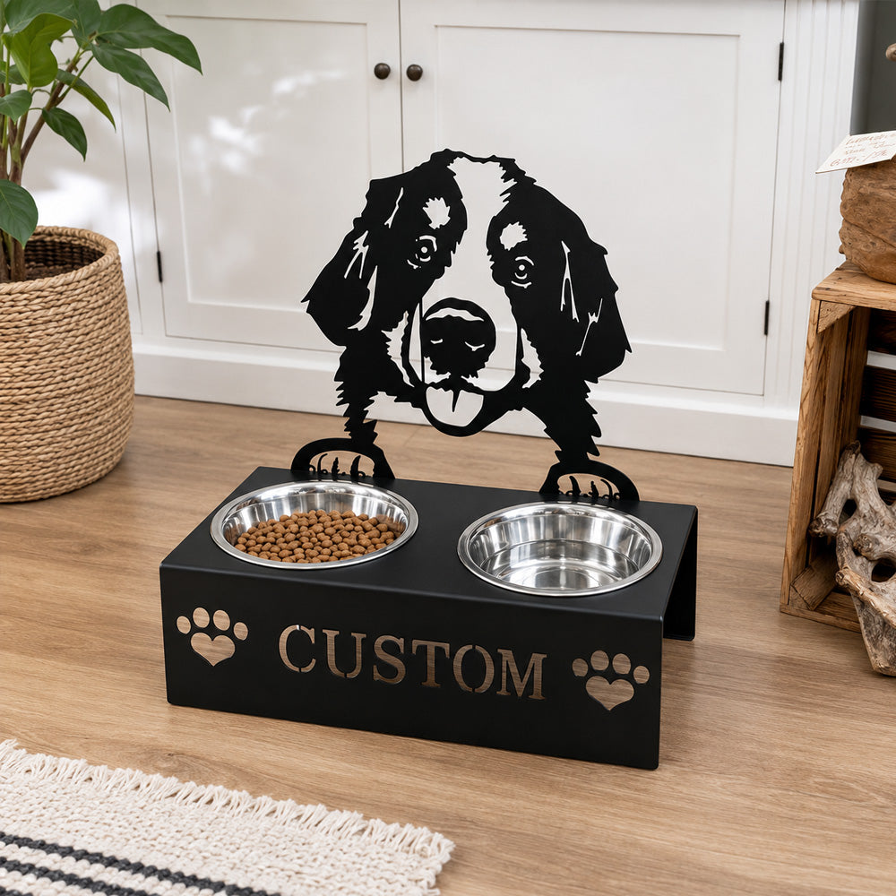 Personalized bernese mountain dog metal dog bowl stand with custom name cutout and two removable feeding bowls