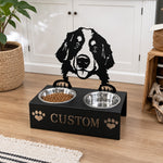 Personalized bernese mountain dog metal dog bowl stand with custom name cutout and two removable feeding bowls