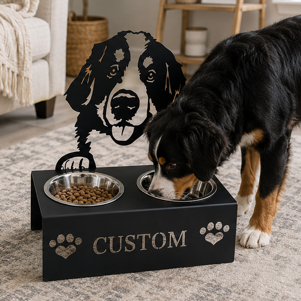 Personalized bernese mountain dog metal dog bowl stand with custom name cutout and two removable feeding bowls