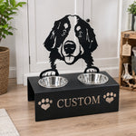 Personalized bernese mountain dog metal dog bowl stand with custom name cutout and two removable feeding bowls