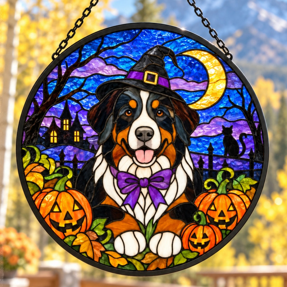 Bernese Mountain Dog Halloween stained glass suncatcher window hanging, suitable for home and garden decoration