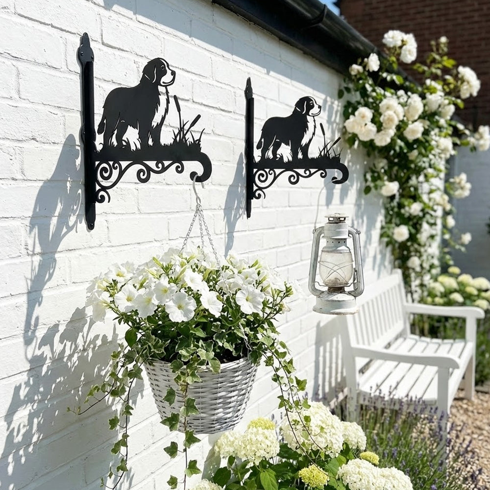 Bernese mountain dog metal hanging basket bracket mounted on outdoor wall for plant decoration