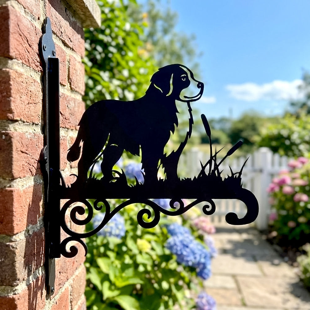 Bernese mountain dog metal hanging basket bracket mounted on outdoor wall for plant decoration