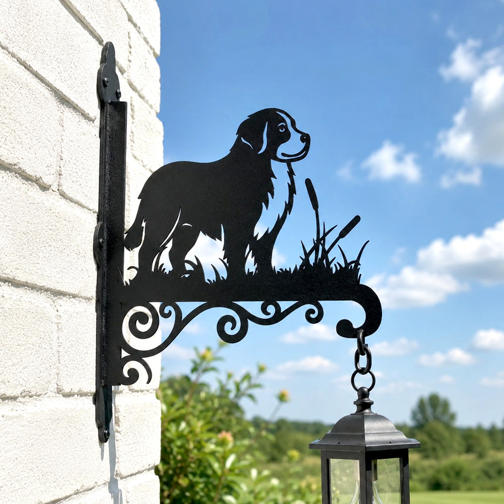 Bernese mountain dog metal hanging basket bracket mounted on outdoor wall for plant decoration