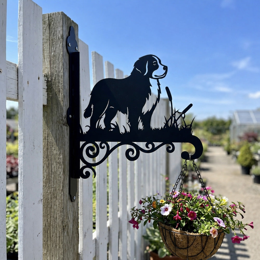 Bernese mountain dog metal hanging basket bracket mounted on outdoor wall for plant decoration