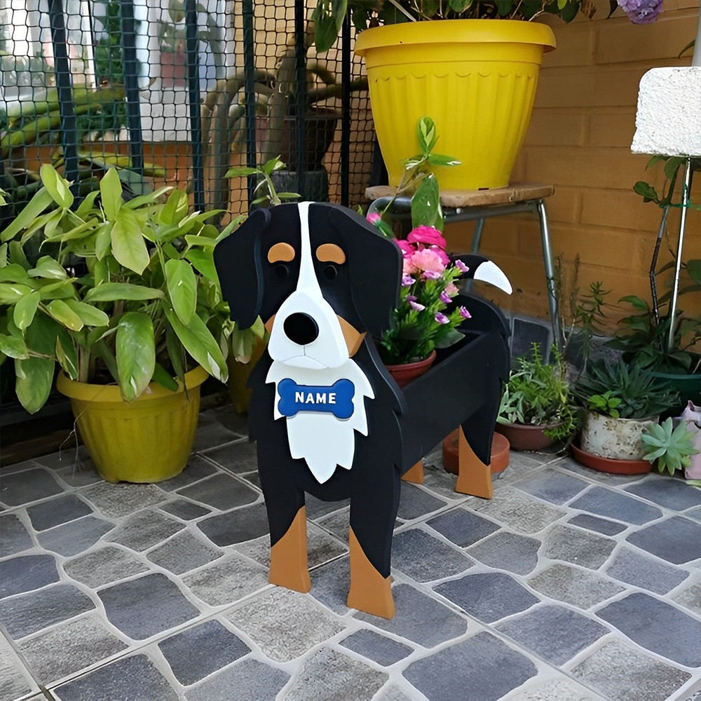 Bernese Mountain dog planter filled with fresh flowers is placed in the garden