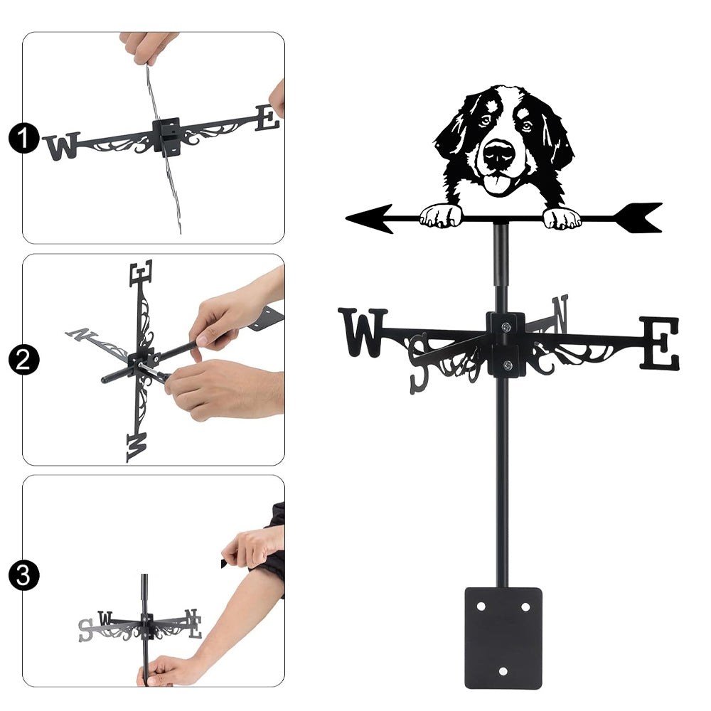 Bernese Mountain Dog metal weather vane with directional arrows and mounting rod, outdoor roof and garden decoration