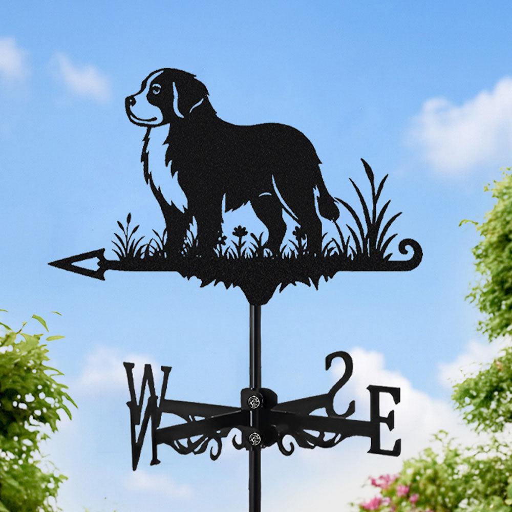 Bernese Mountain Dog metal weather vane with directional arrows and mounting rod, outdoor roof and garden decoration