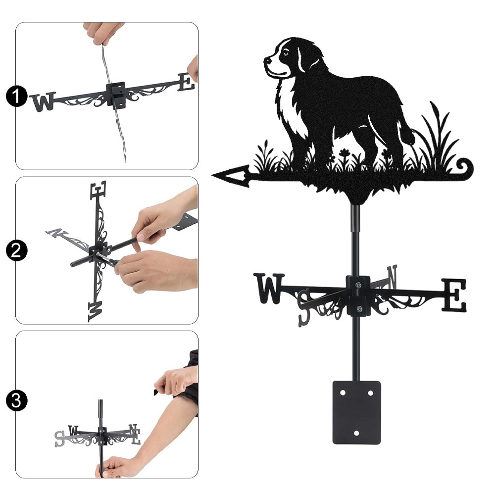 Bernese Mountain Dog metal weather vane with directional arrows and mounting rod, outdoor roof and garden decoration