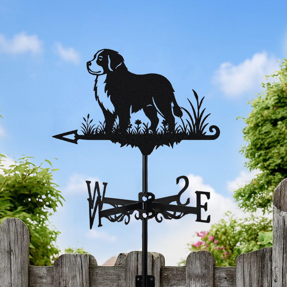 Bernese Mountain Dog metal weather vane with directional arrows and mounting rod, outdoor roof and garden decoration