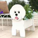 Bichon Friese dog planter filled with fresh flowers is placed in the garden