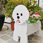 Bichon Friese dog planter filled with fresh flowers is placed in the garden