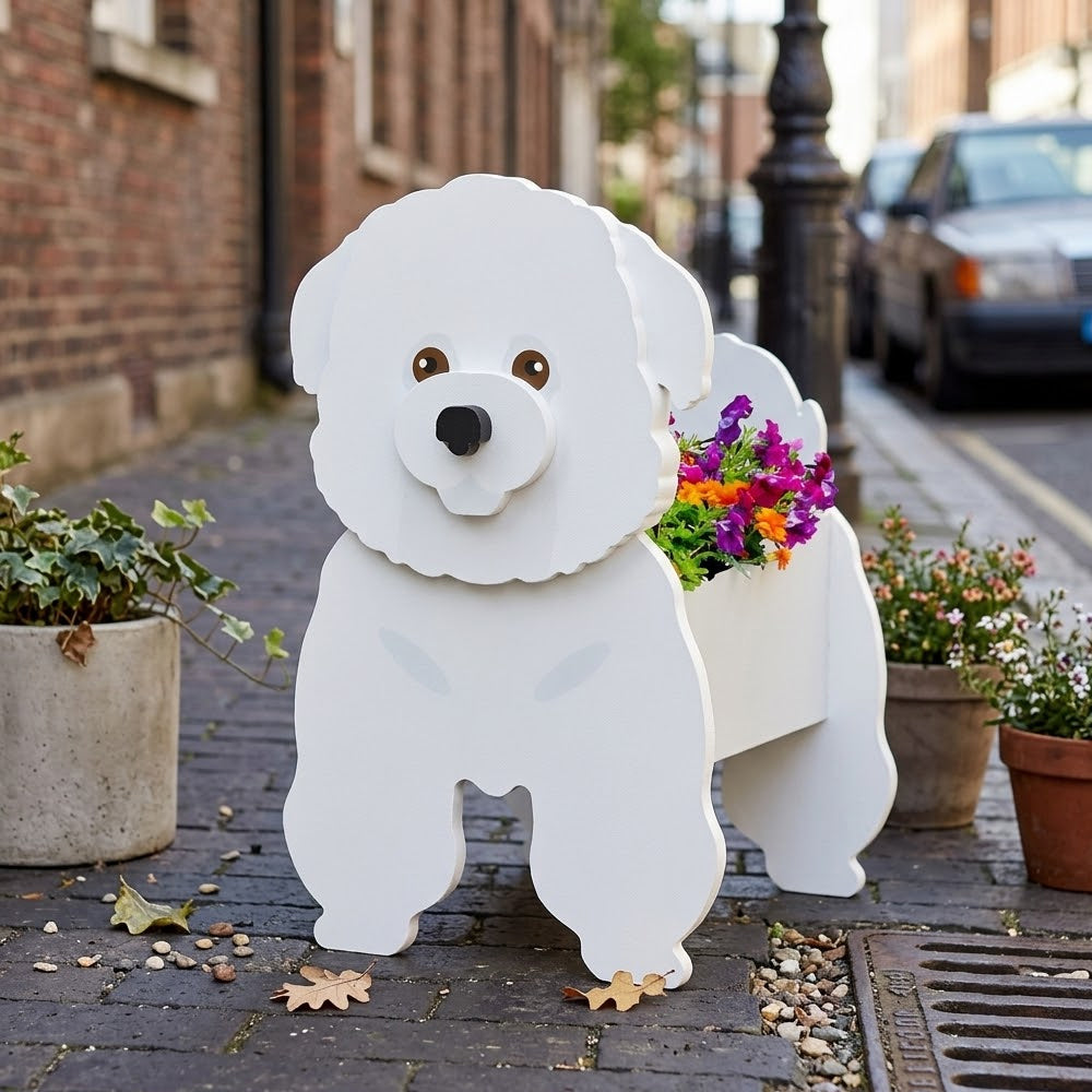 Bichon Friese dog planter filled with fresh flowers is placed in the garden
