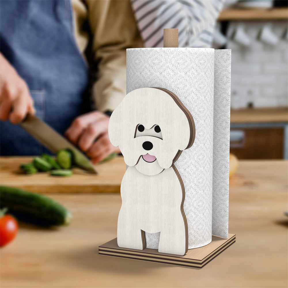 Bichon Friese Wooden Dog Paper Towel Holder displayed on a kitchen countertop with a freestanding paper towel roll