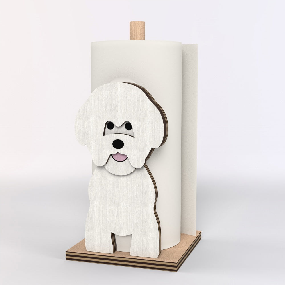 Bichon Friese Wooden Dog Paper Towel Holder displayed on a kitchen countertop with a freestanding paper towel roll