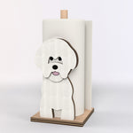 Bichon Friese Wooden Dog Paper Towel Holder displayed on a kitchen countertop with a freestanding paper towel roll