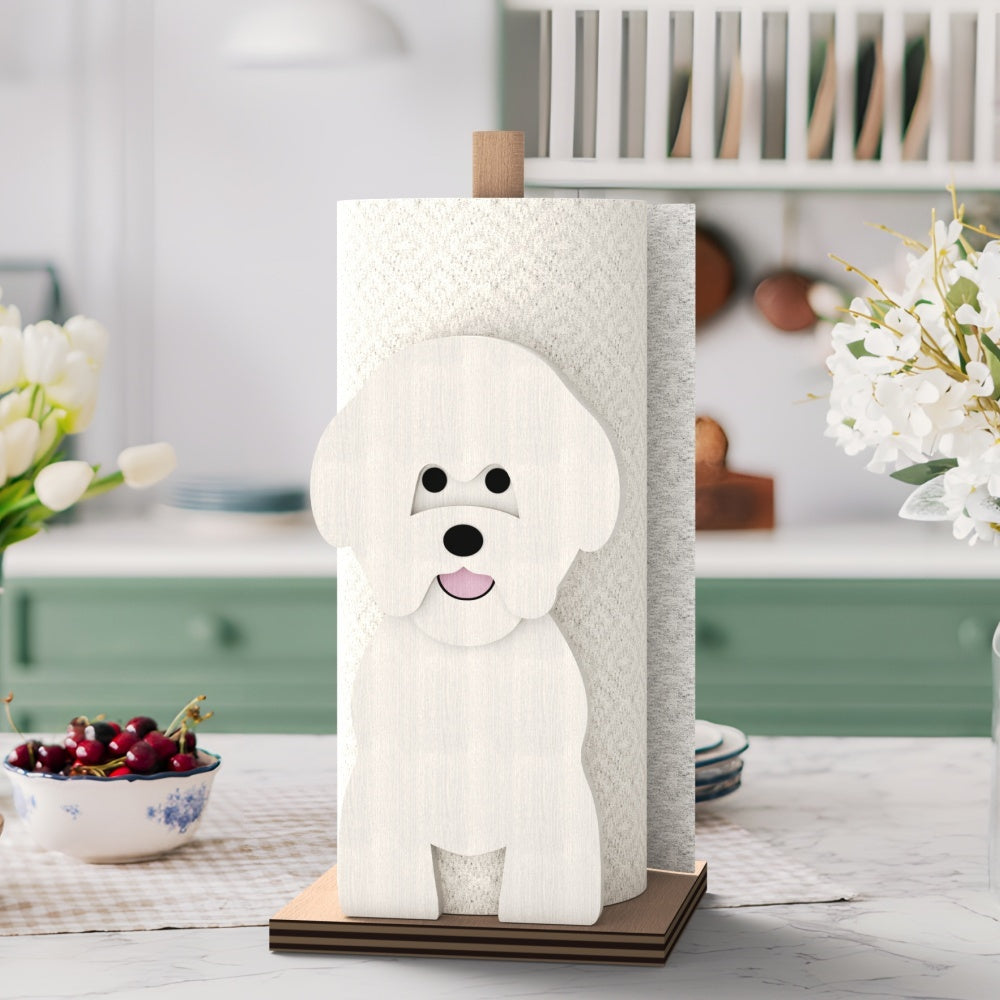 Bichon Friese Wooden Dog Paper Towel Holder displayed on a kitchen countertop with a freestanding paper towel roll
