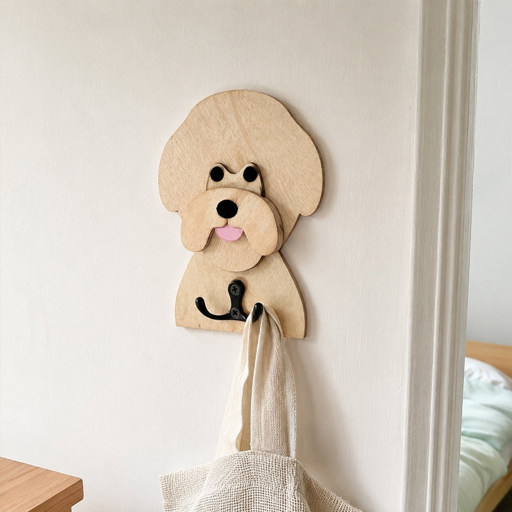 Bichon Friese wooden dog wall hook key and leash holder for home entryway organizer