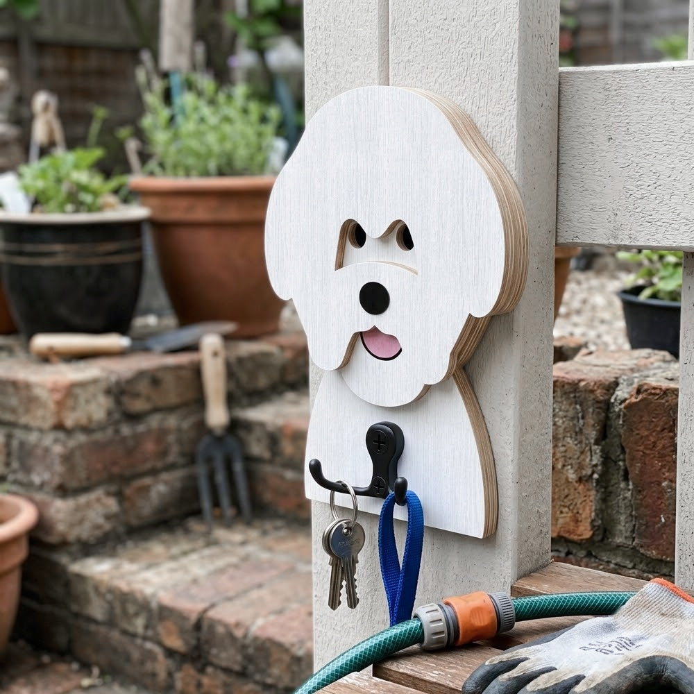 Bichon Friese wooden dog wall hook key and leash holder for home entryway organizer