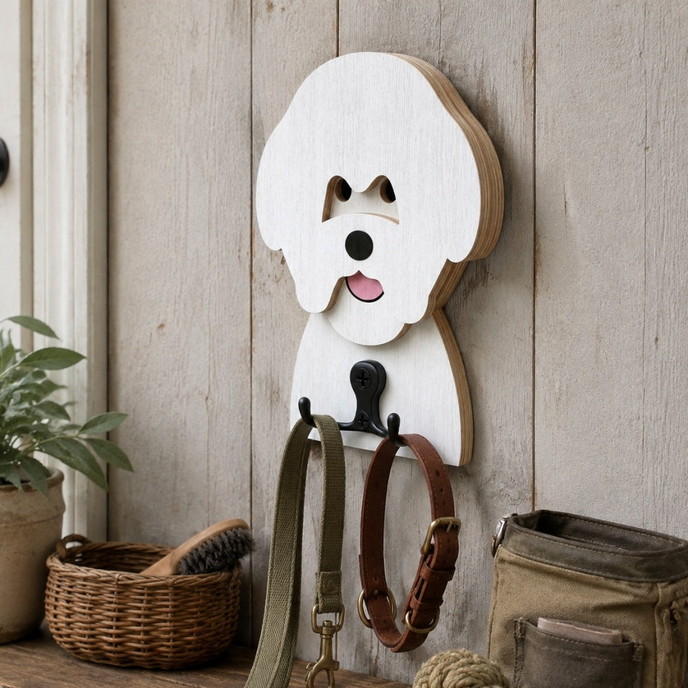 Bichon Friese wooden dog wall hook key and leash holder for home entryway organizer