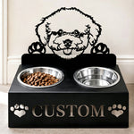 Personalized bichon frise metal dog bowl stand with custom name cutout and two removable feeding bowls