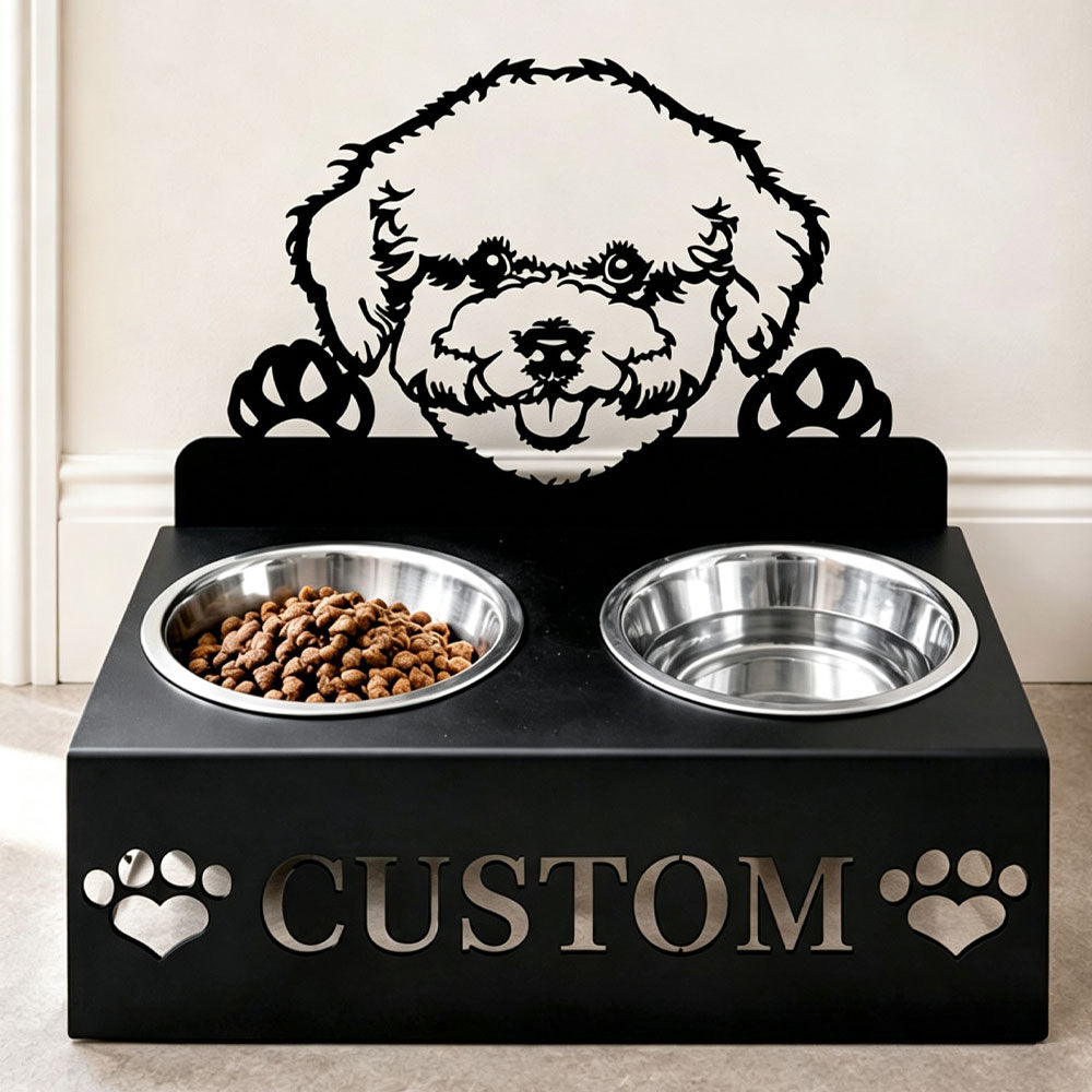Personalized bichon frise metal dog bowl stand with custom name cutout and two removable feeding bowls