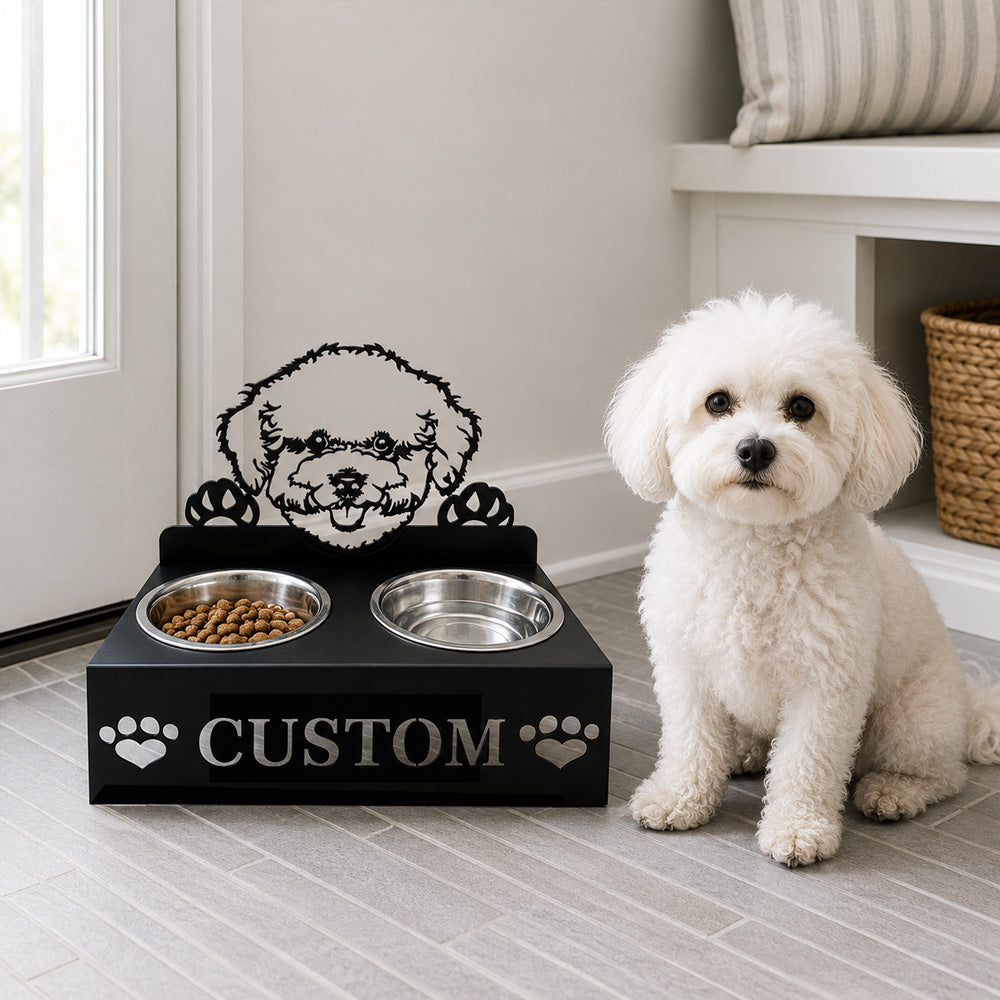Personalized bichon frise metal dog bowl stand with custom name cutout and two removable feeding bowls