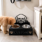 Personalized bichon frise metal dog bowl stand with custom name cutout and two removable feeding bowls