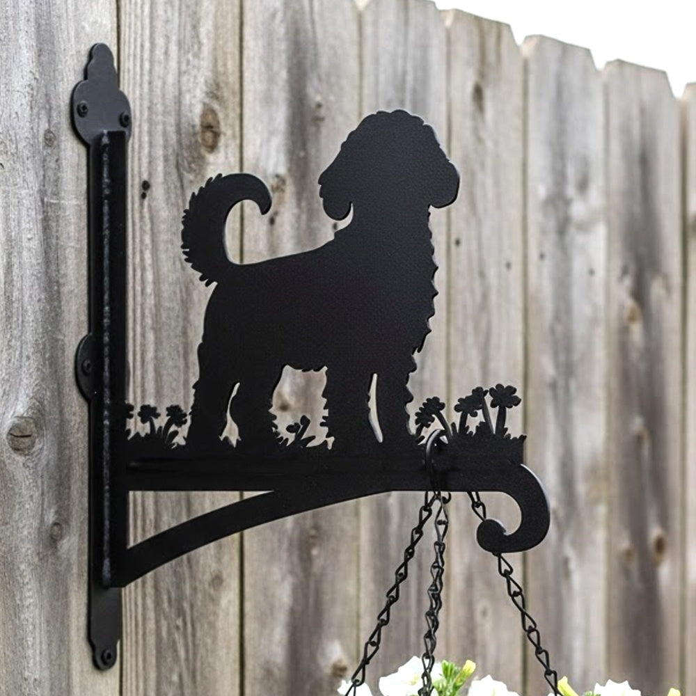 Bichon frise metal hanging basket bracket mounted on outdoor wall for plant decoration