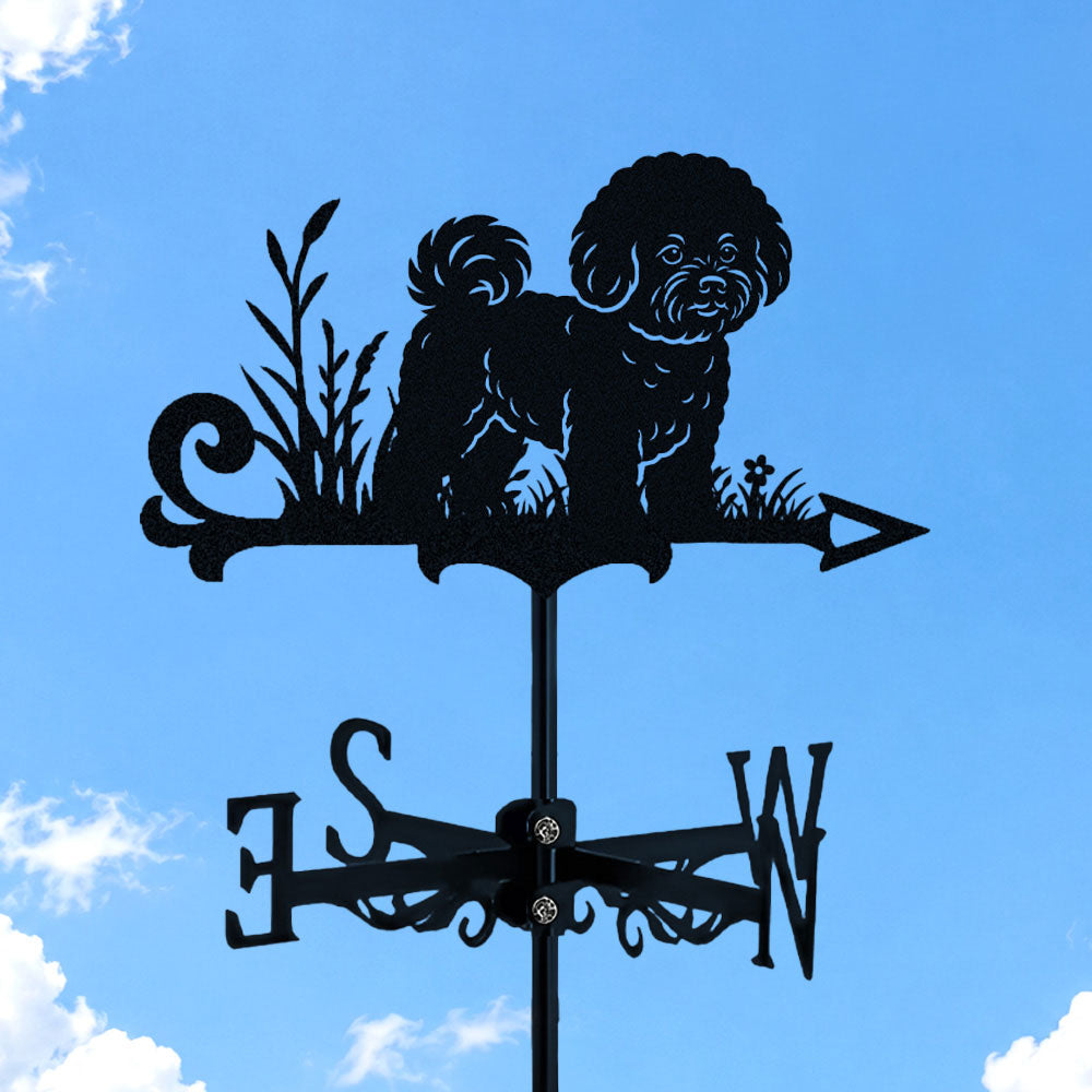 Bichon metal weather vane with directional arrows and mounting rod, outdoor roof and garden decoration