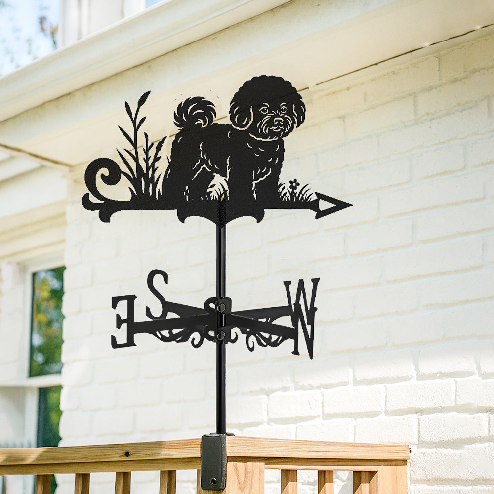 Bichon metal weather vane with directional arrows and mounting rod, outdoor roof and garden decoration