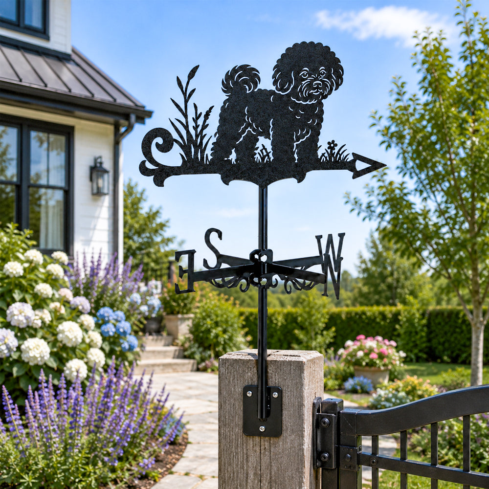 Bichon metal weather vane with directional arrows and mounting rod, outdoor roof and garden decoration