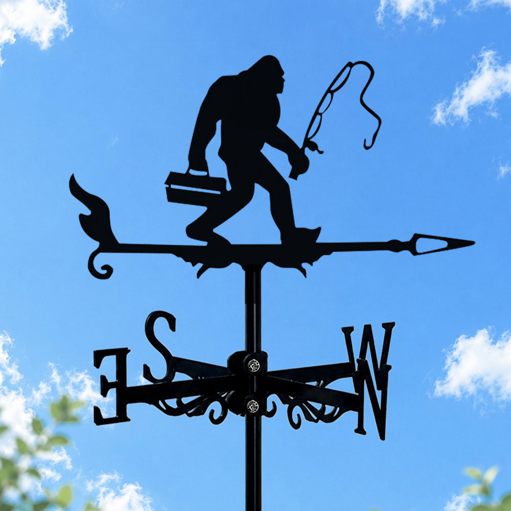 Bigfoot fishing metal weather vane with directional arrows and mounting rod, outdoor roof and garden decoration