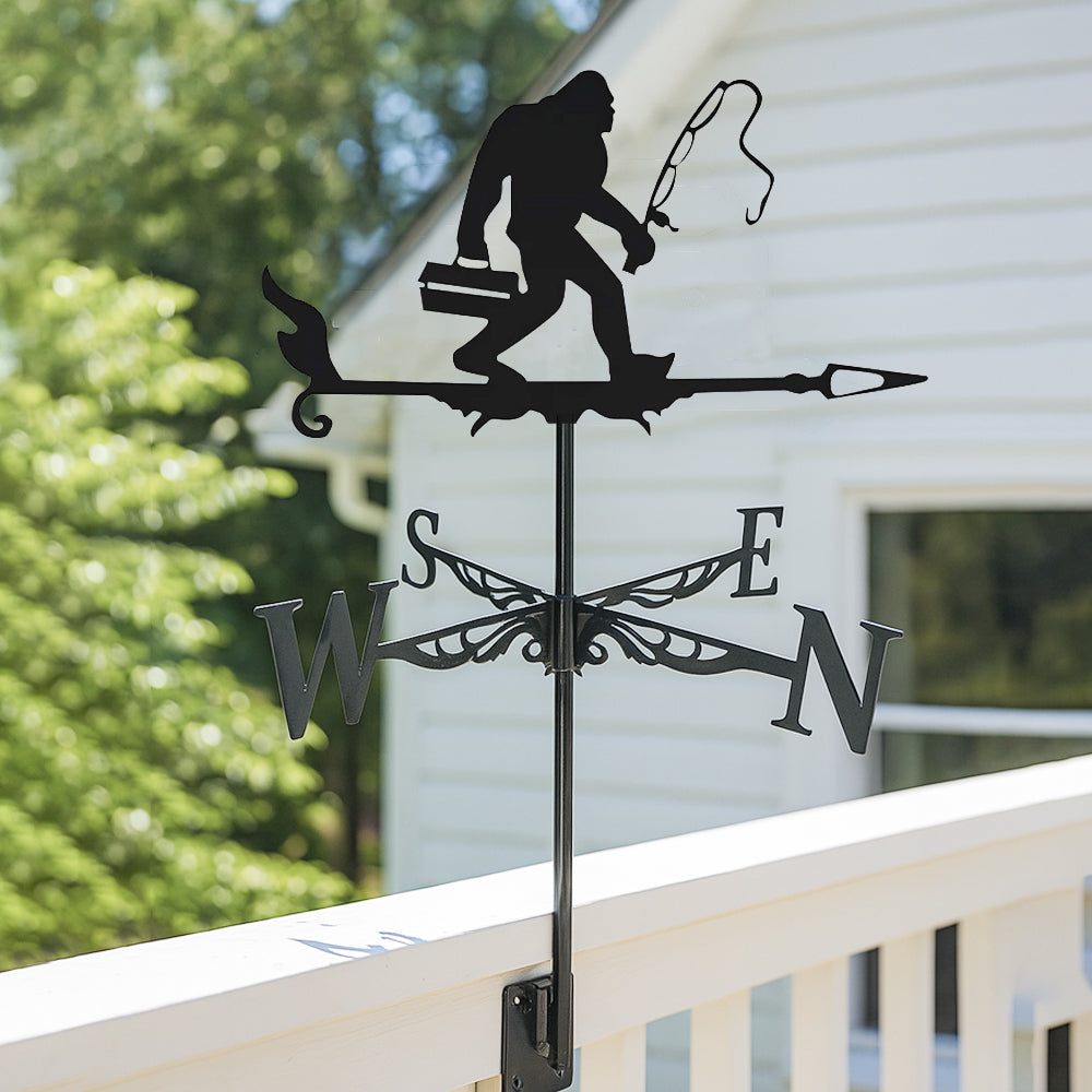 Bigfoot fishing metal weather vane with directional arrows and mounting rod, outdoor roof and garden decoration