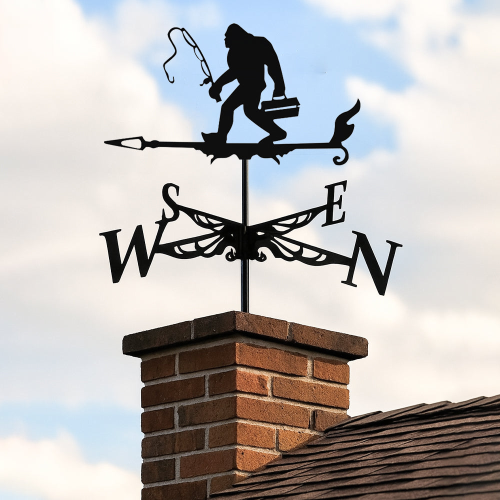 Bigfoot fishing metal weather vane with directional arrows and mounting rod, outdoor roof and garden decoration