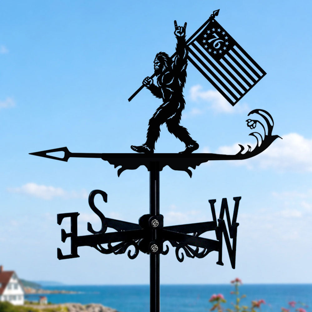 Bigfoot freedom flag metal weather vane with directional arrows and mounting rod, outdoor roof and garden decoration